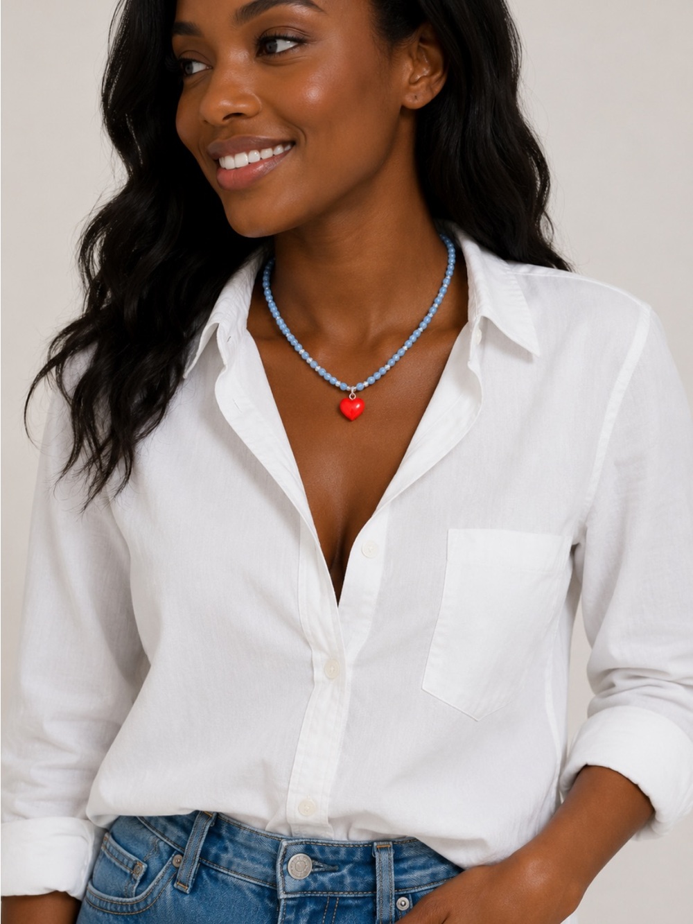 New! Preppy Blue Beaded Red Heart Dopamine Necklace NWOT 1014